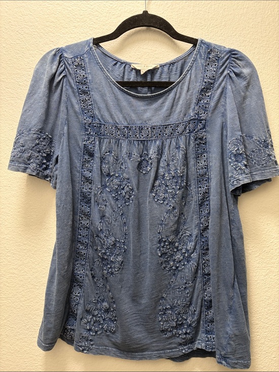 Lucky Brand Tops - Lucky Brand Denim-Blue Embroidered Short-Sleeve Top
